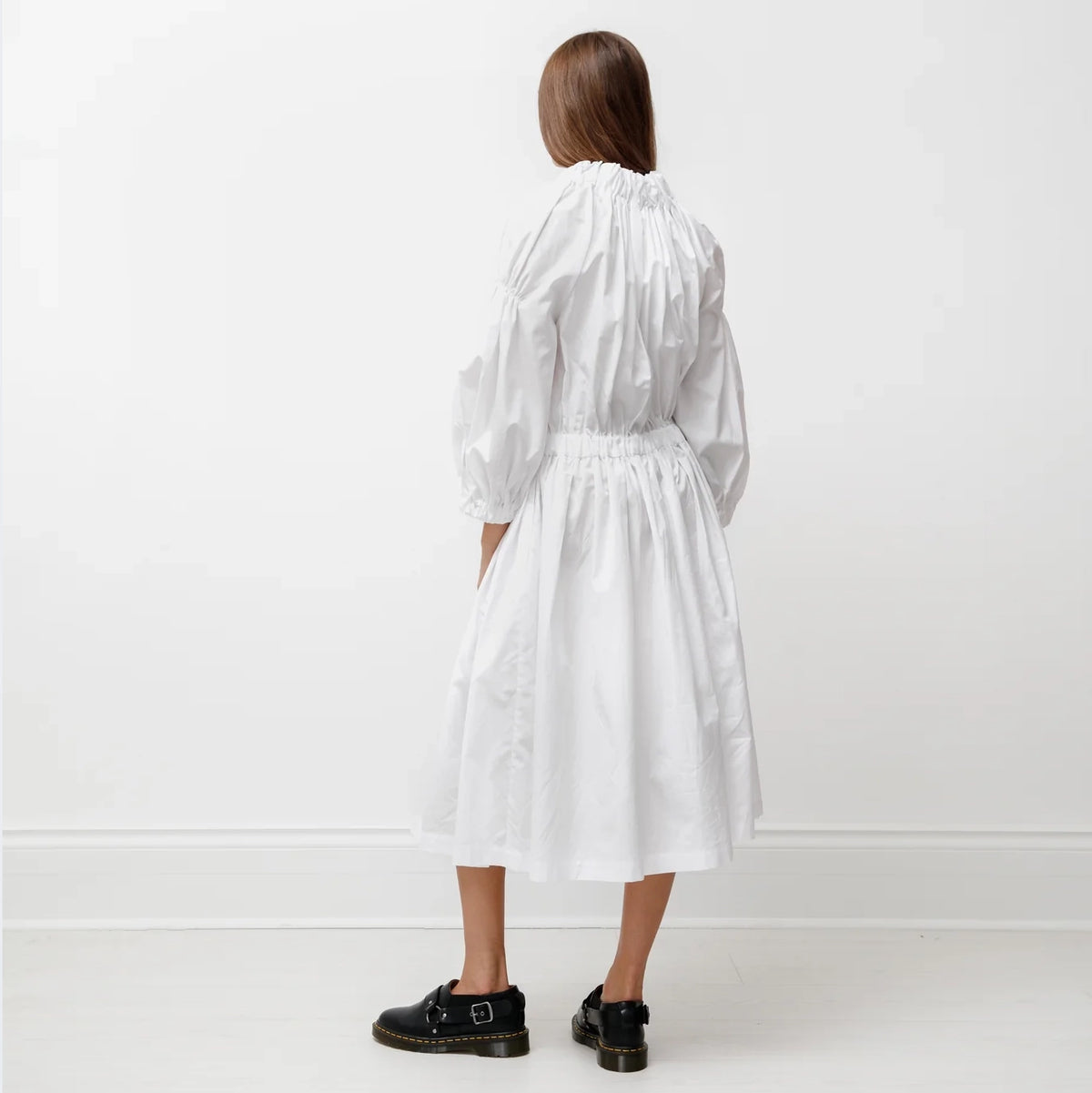 Comme des Garcons Gathered Poplin Dress in White, size XS