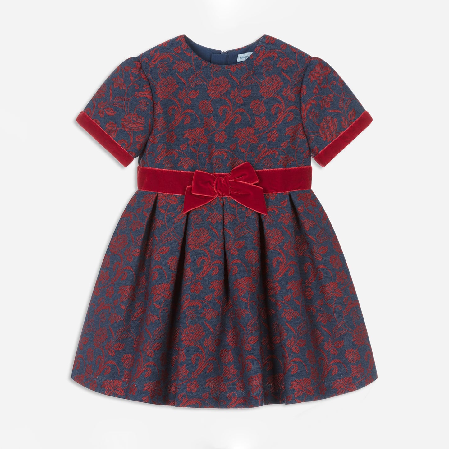 Tutto Piccolo Jaquard Dress with Velvet Trim in Blue/Red, size 6 years