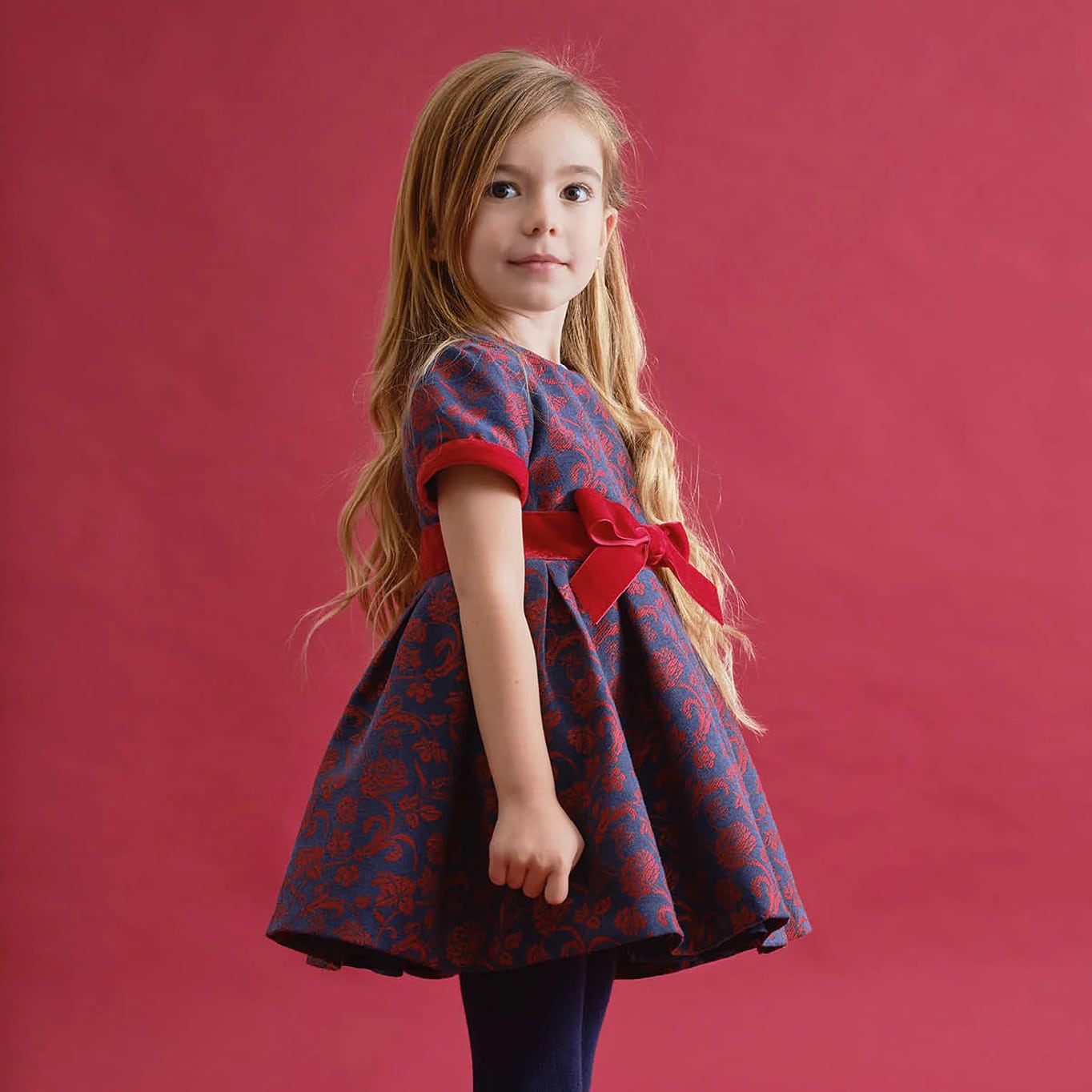 Tutto Piccolo Jaquard Dress with Velvet Trim in Blue/Red, size 6 years
