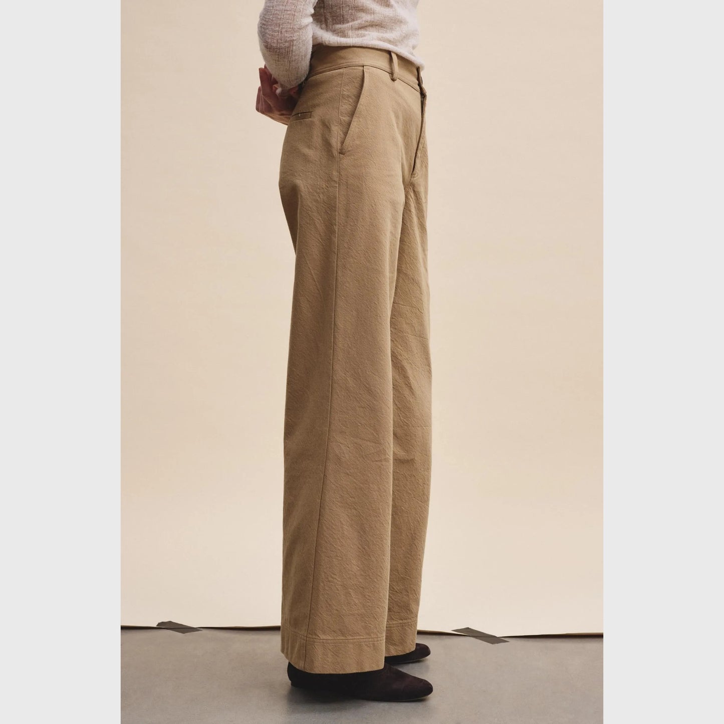 Pomandere Textured Cotton Wide Leg Pants in Khaki, size 40IT (fits like 4US)