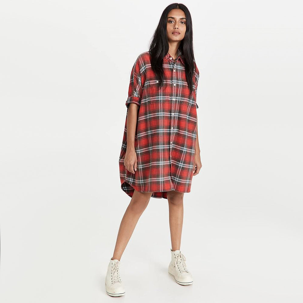 R13 Oversize Plaid Shirtdress in Red, size XXS (fits oversize)