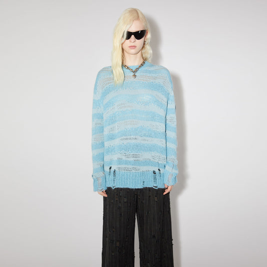 Acne Distressed Stripe Knit in Sky Blue/Powder Blue, size Small