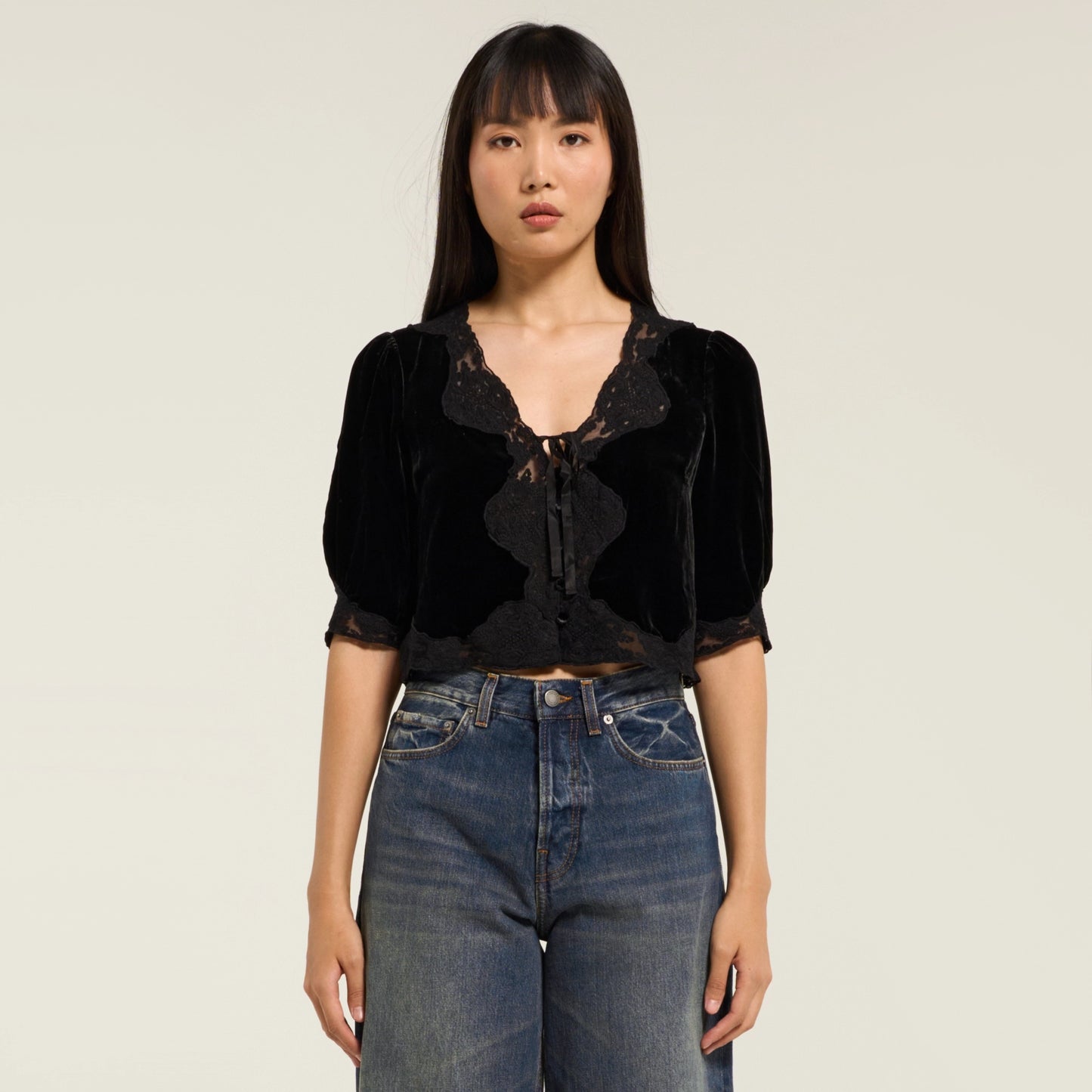 RIXO "Ursula" Velvet Top with Lace Trim in Black, size Small