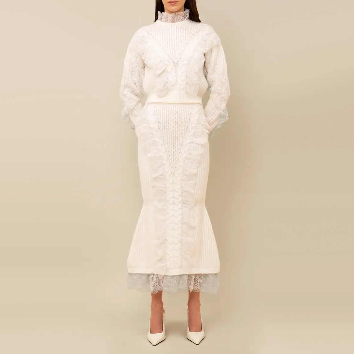 Contessa Mills "Wildes" Soft Warm Lace-Trimmed Wool Knit Skirt in Ivory, size Small