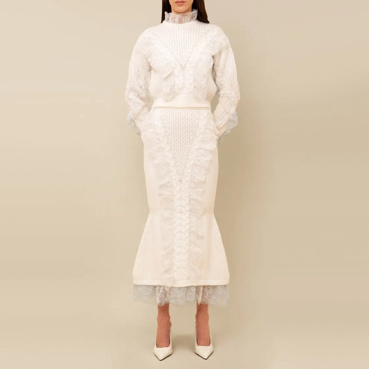 Contessa Mills "Wildes" Soft Warm Lace-Trimmed Wool Knit Skirt in Ivory, size Small