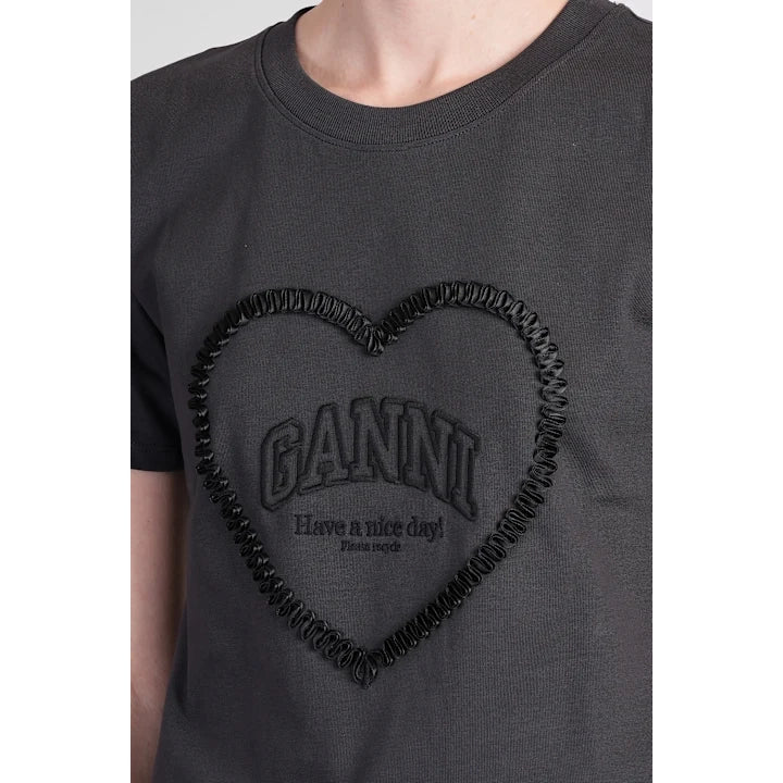 GANNI "Heavy Heart" Tonal Logo Tee in "phantom", size XL (fits Large)