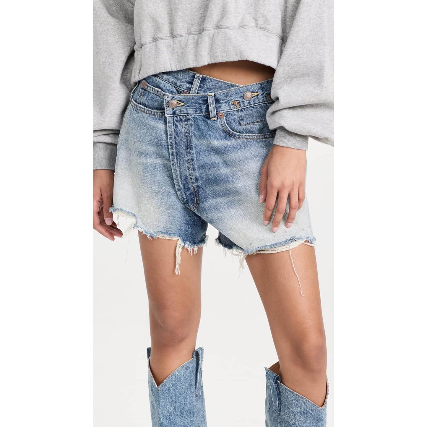 R13 Crossover Asymmetric Distressed Jean Shorts in "Turner Blue", size 29