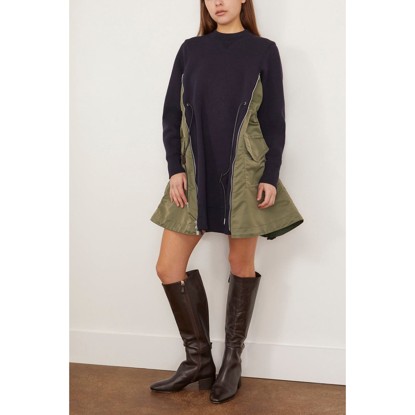 Sacai Sponge Sweat x Nylon Twill Dress in Navy/Khaki, size "4" (size M/L)