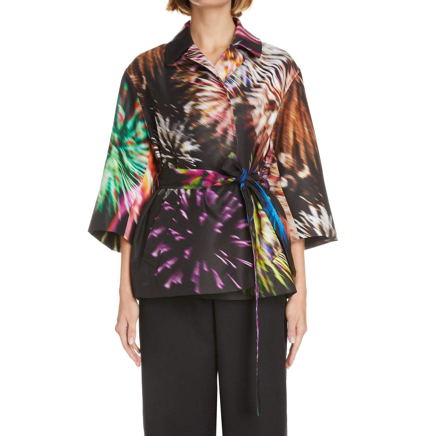 Dries Van Noten "Ramblas" Fireworks Print Belted Jacket, size 34