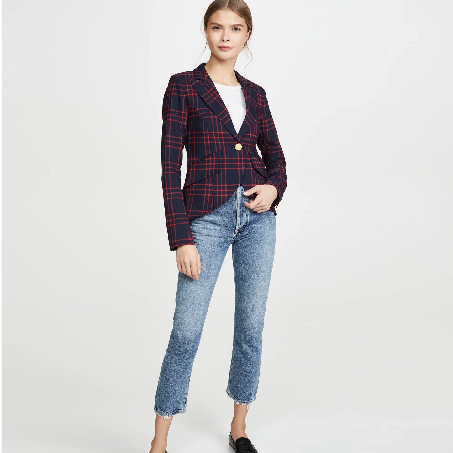 Smythe One Button Checked Blazer in Red/Navy, size 6 (Fits like slim size 4)