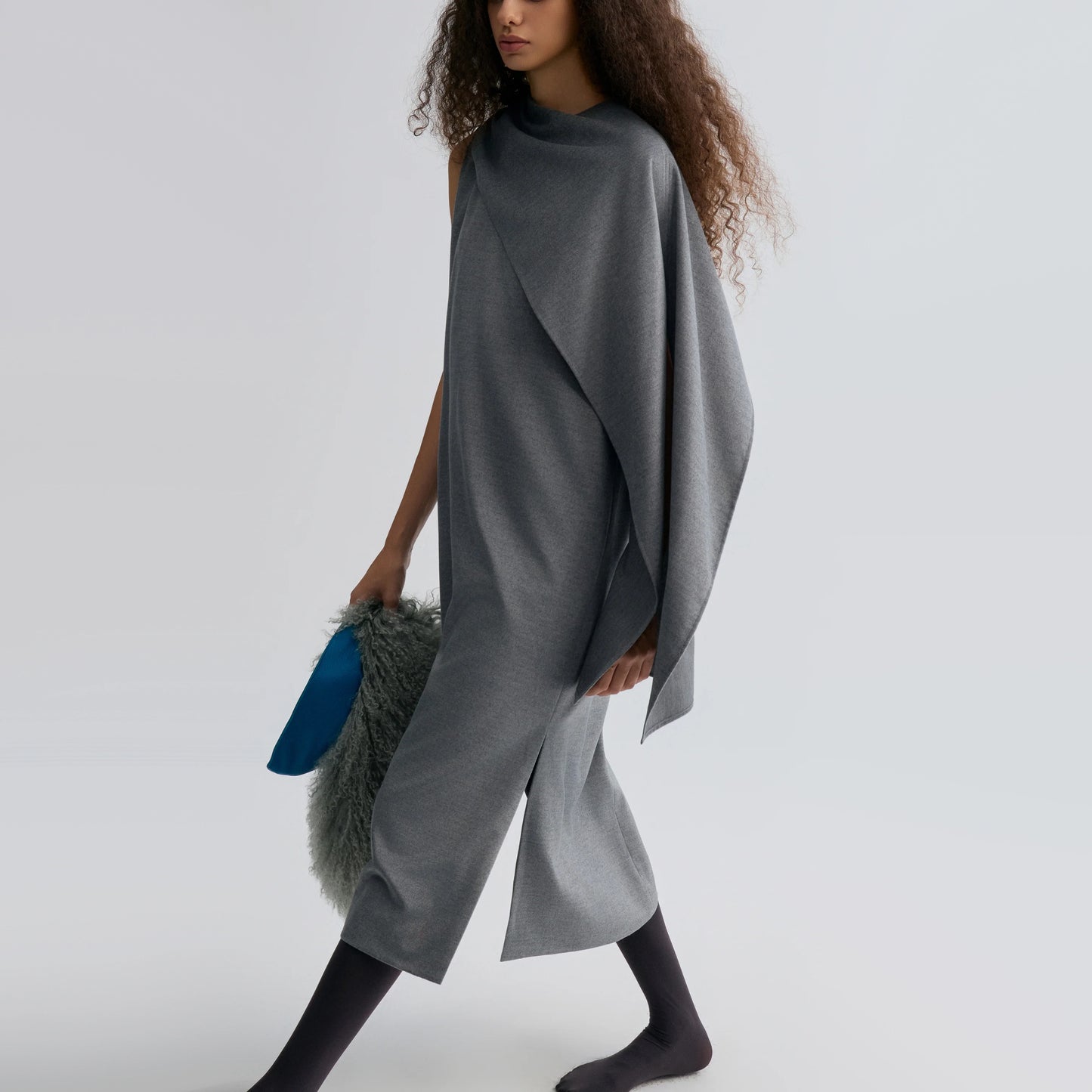 Front Row Shop Opera Cape Maxi Dress Grey Melange, size Small