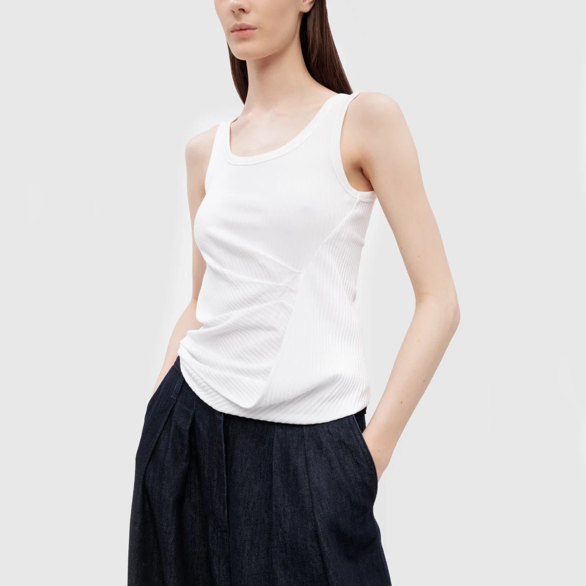 Dries Van Noten "Hoga" Asymmetrical Ribbed Tank in White, size large