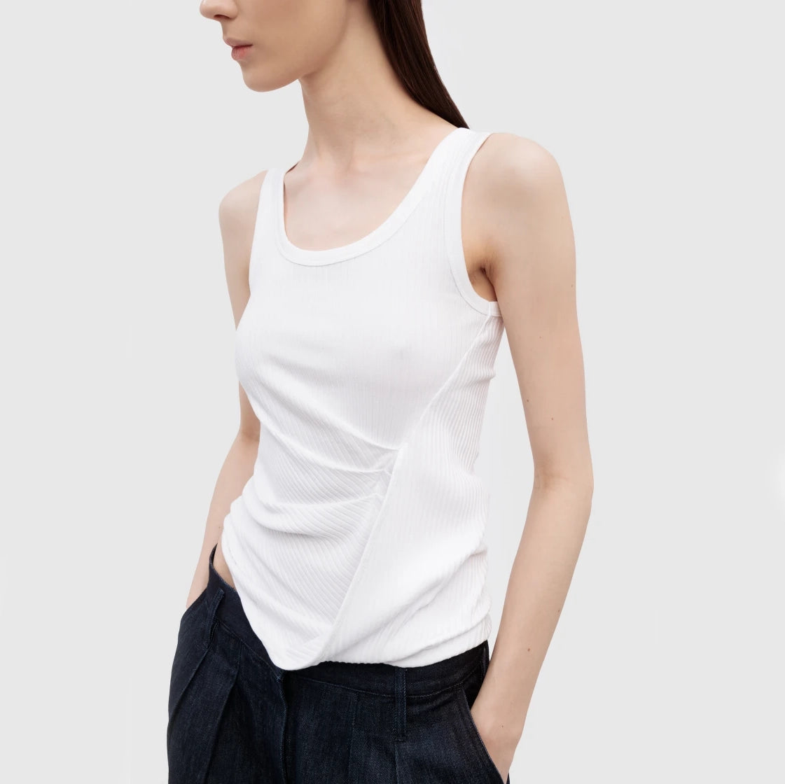 Dries Van Noten "Hoga" Asymmetrical Ribbed Tank in White, size large