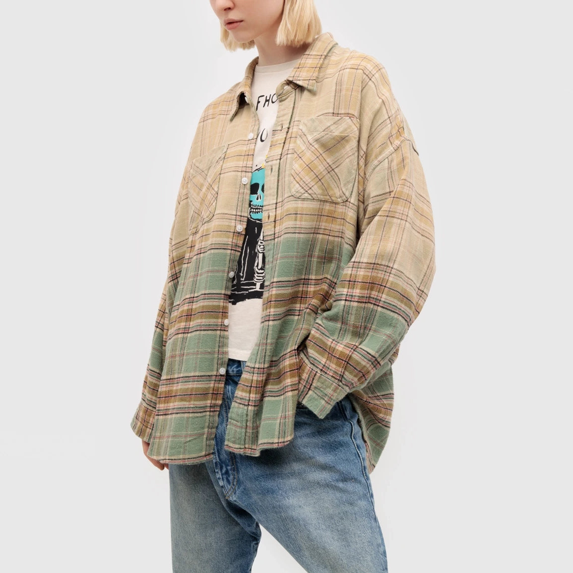 R13 Drop Neck Workshirt in Bleach Gradient Green Plaid, size Medium