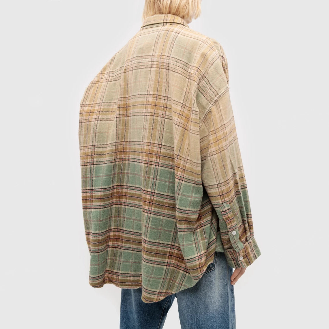 R13 Drop Neck Workshirt in Bleach Gradient Green Plaid, size Medium