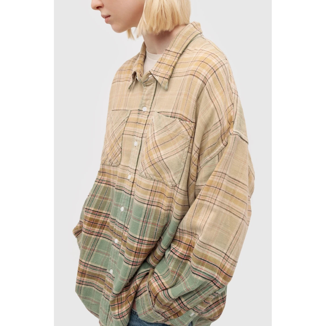 R13 Drop Neck Workshirt in Bleach Gradient Green Plaid, size Medium
