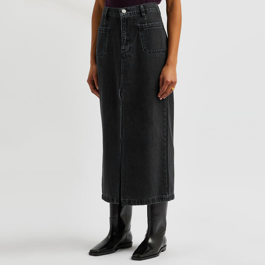 Frame Le Bardot Denim Midi Skirt in Black, size 26