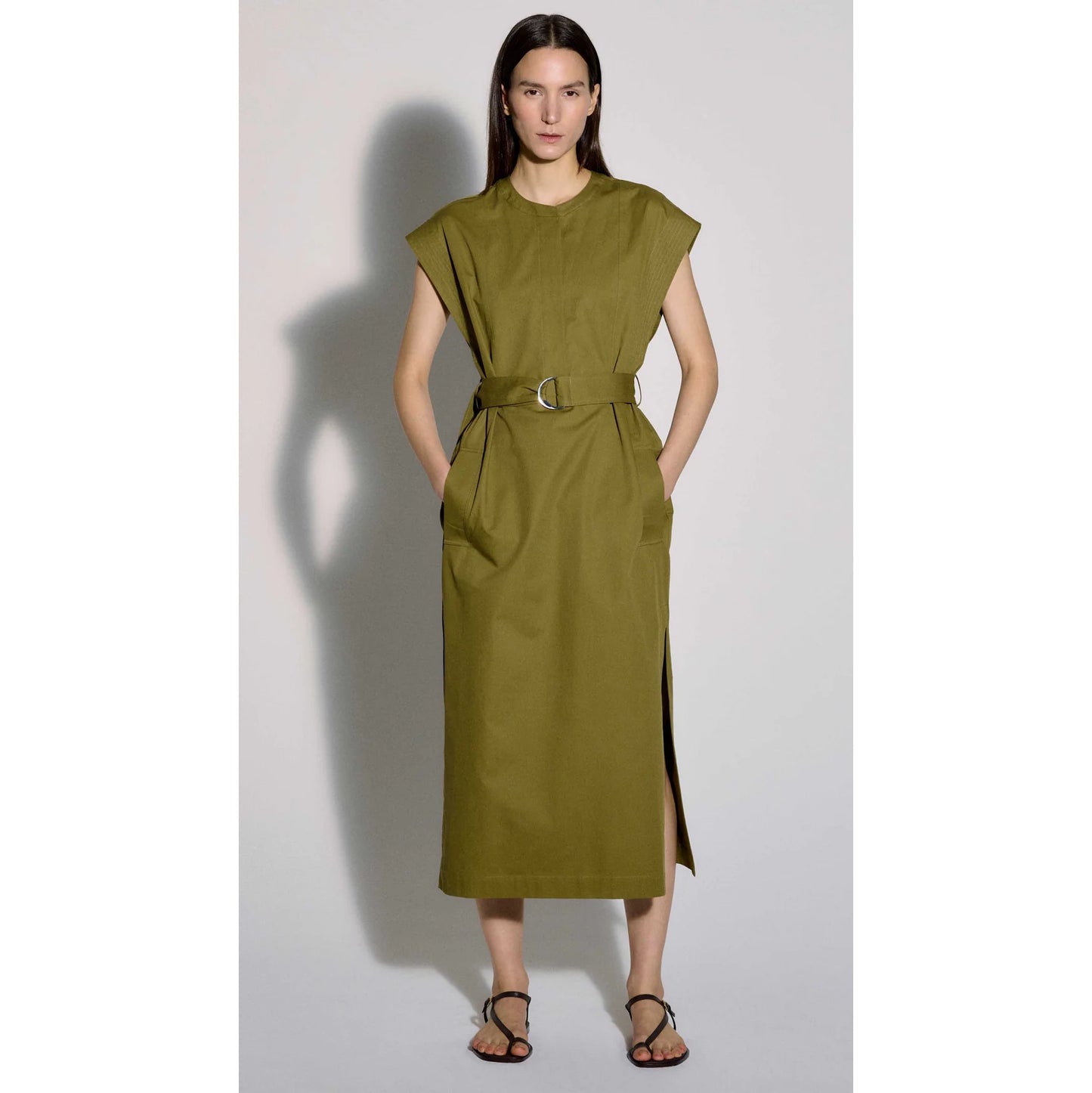 Argenta Belted Cap-Sleeve Cotton Twill Midi Shirtdress in Mushroom, Size Small