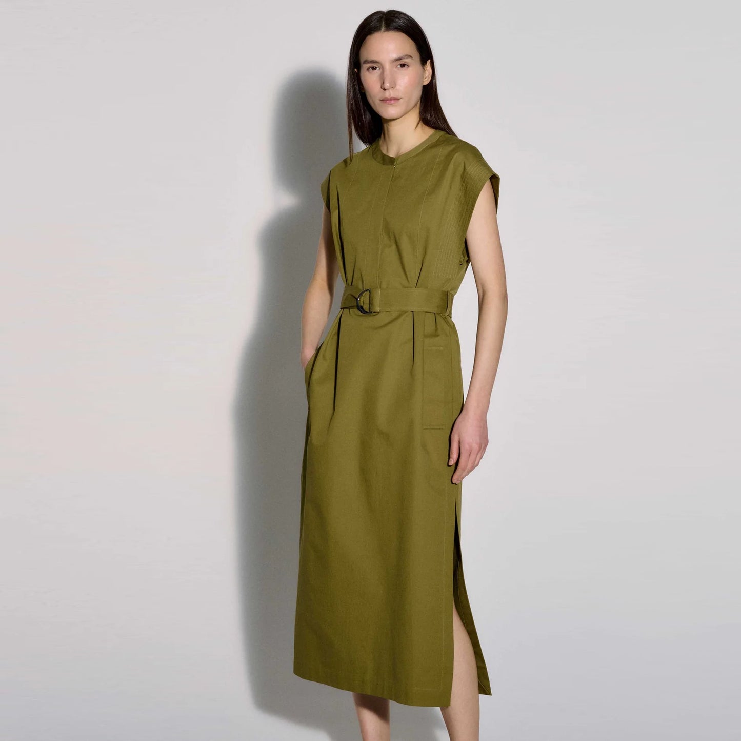 Argenta Belted Cap-Sleeve Cotton Twill Midi Shirtdress in Mushroom, Size Small