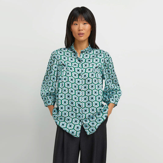 Smythe Gathered Blouse in Geometric Print, size XS