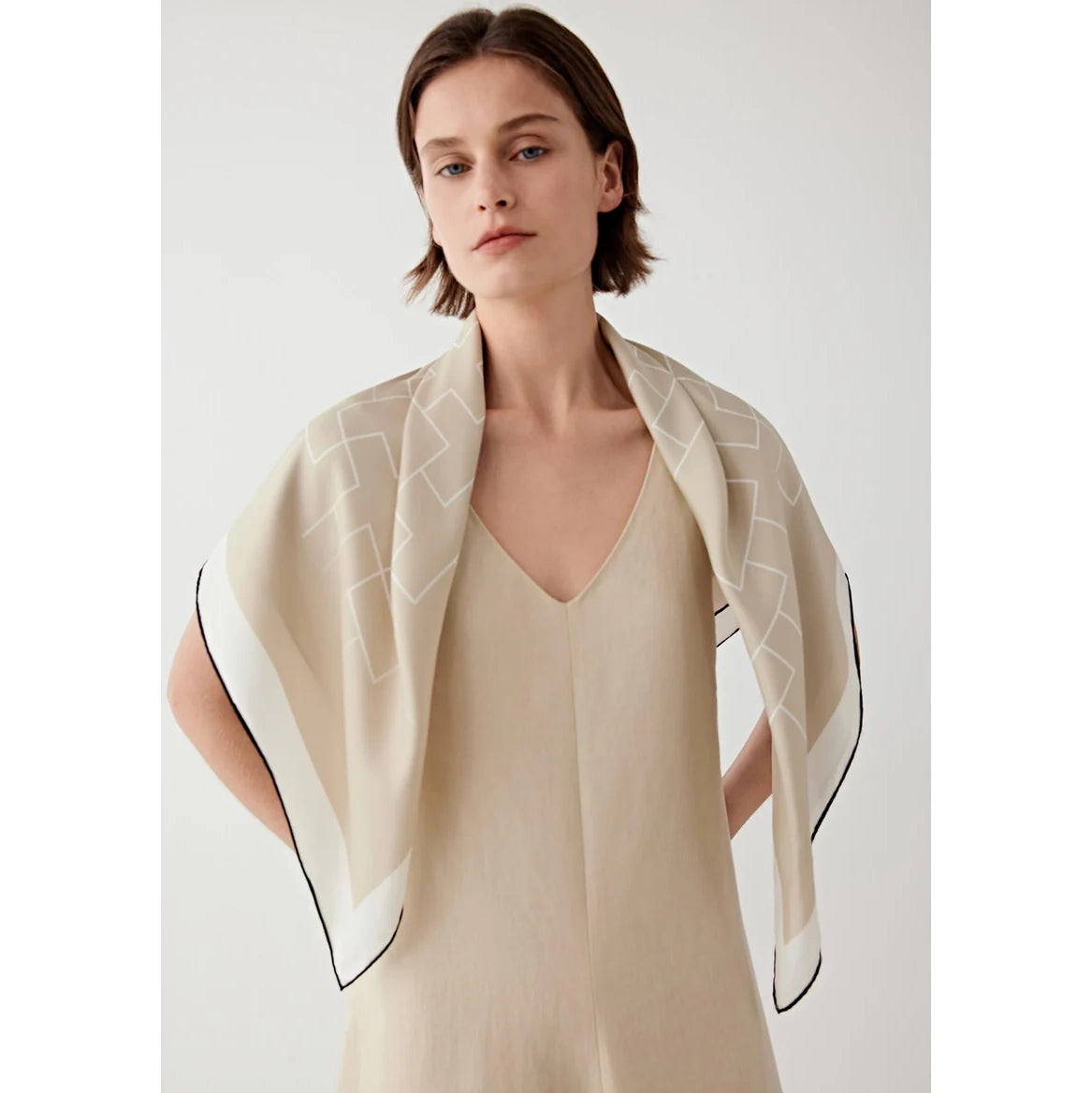 Icicle Silk Twill Square Scarf in Beige/Ivory/Black