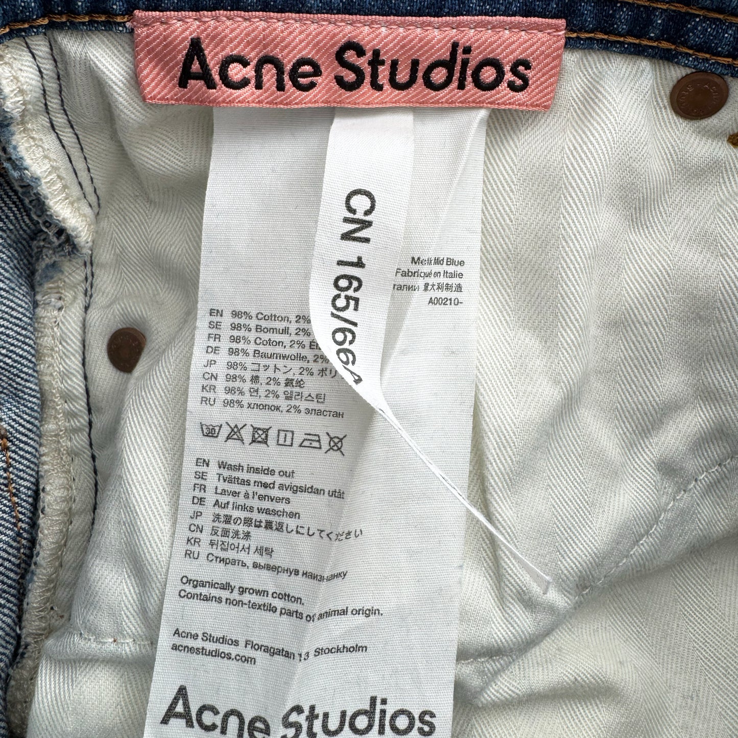 Acne "Melk" Slim Jean in Mid Blue, size 26