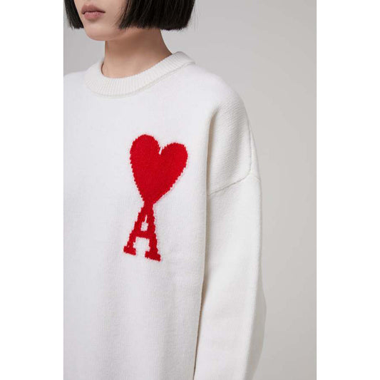 AMI Paris Oversize Wool Sweater in Ivory w Red Heart, size Small