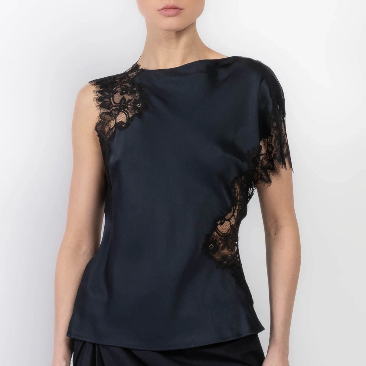 A.L.C. "Alessia" Lace and Satin Top in Black/Navy, size 4.