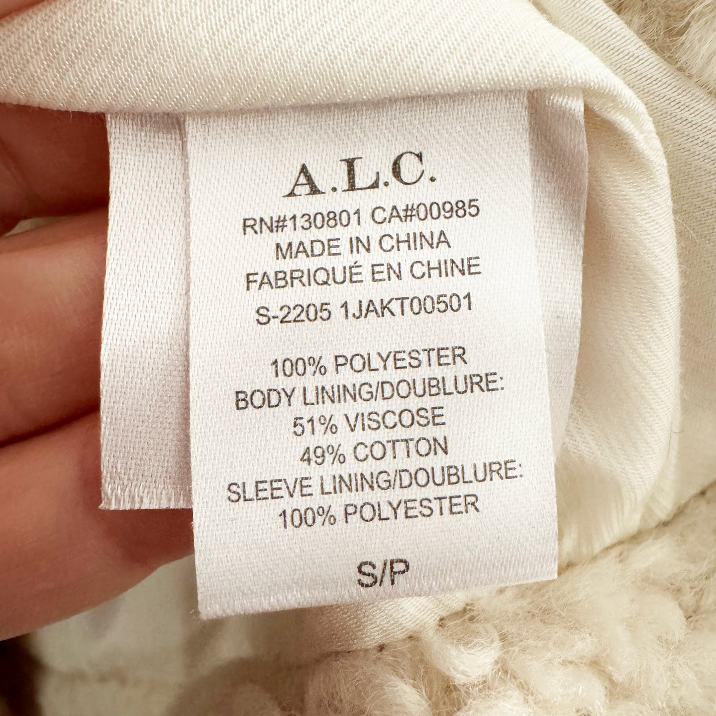 A.L.C. "Stone" Faux Fur Teddy Jacket in Ivory, size Small