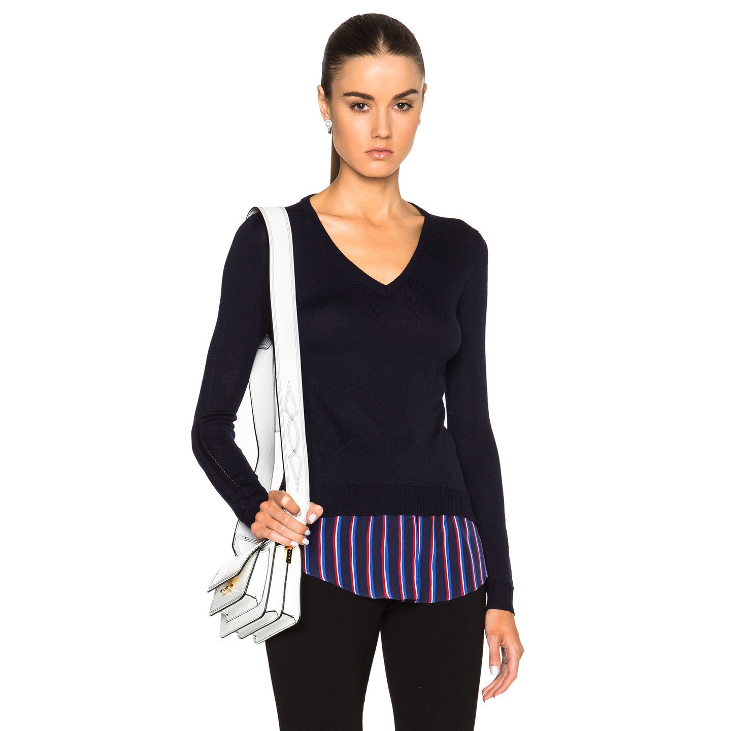 Altazurra navy v-neck sweater with silk trim, size XS.