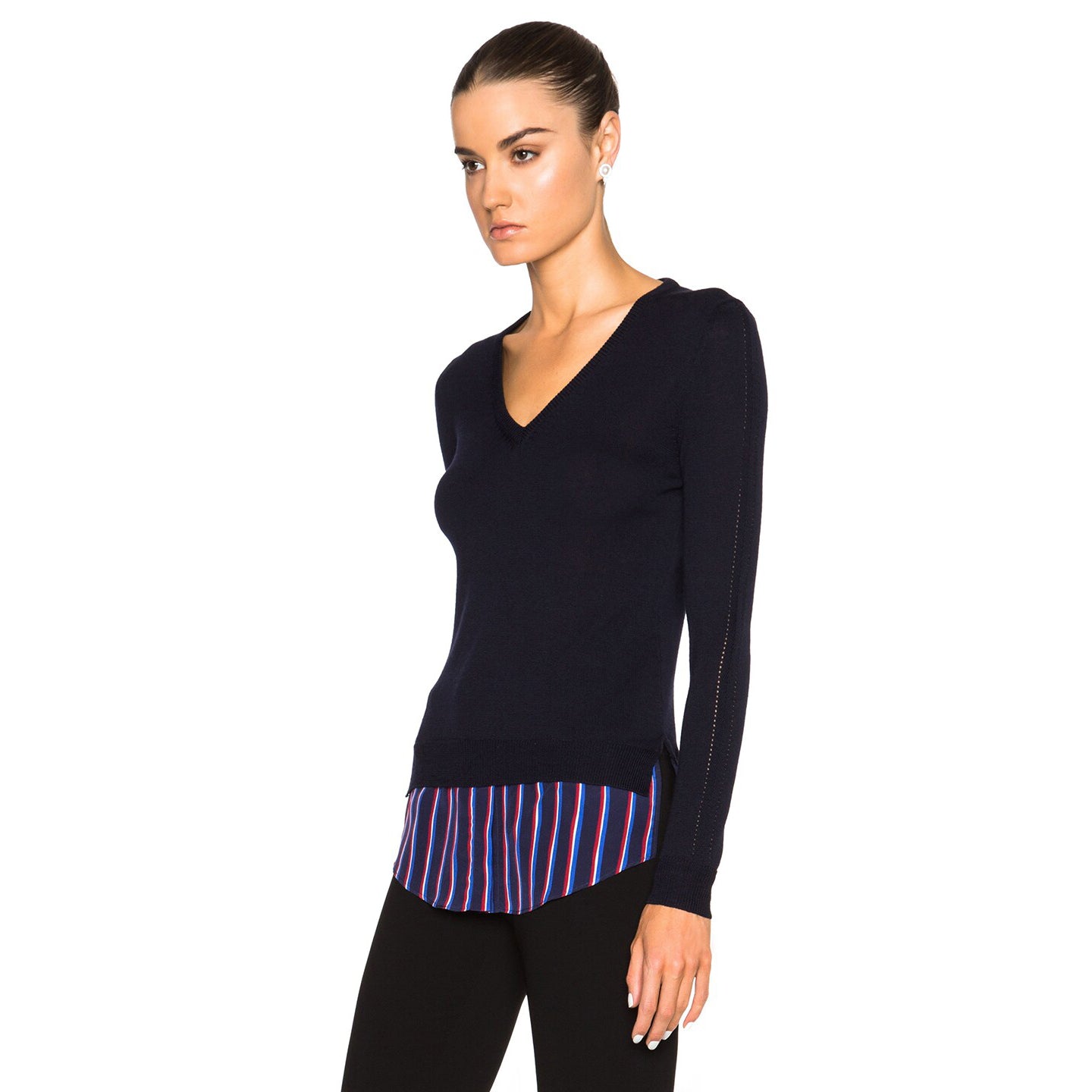 Altazurra navy v-neck sweater with silk trim, size XS.