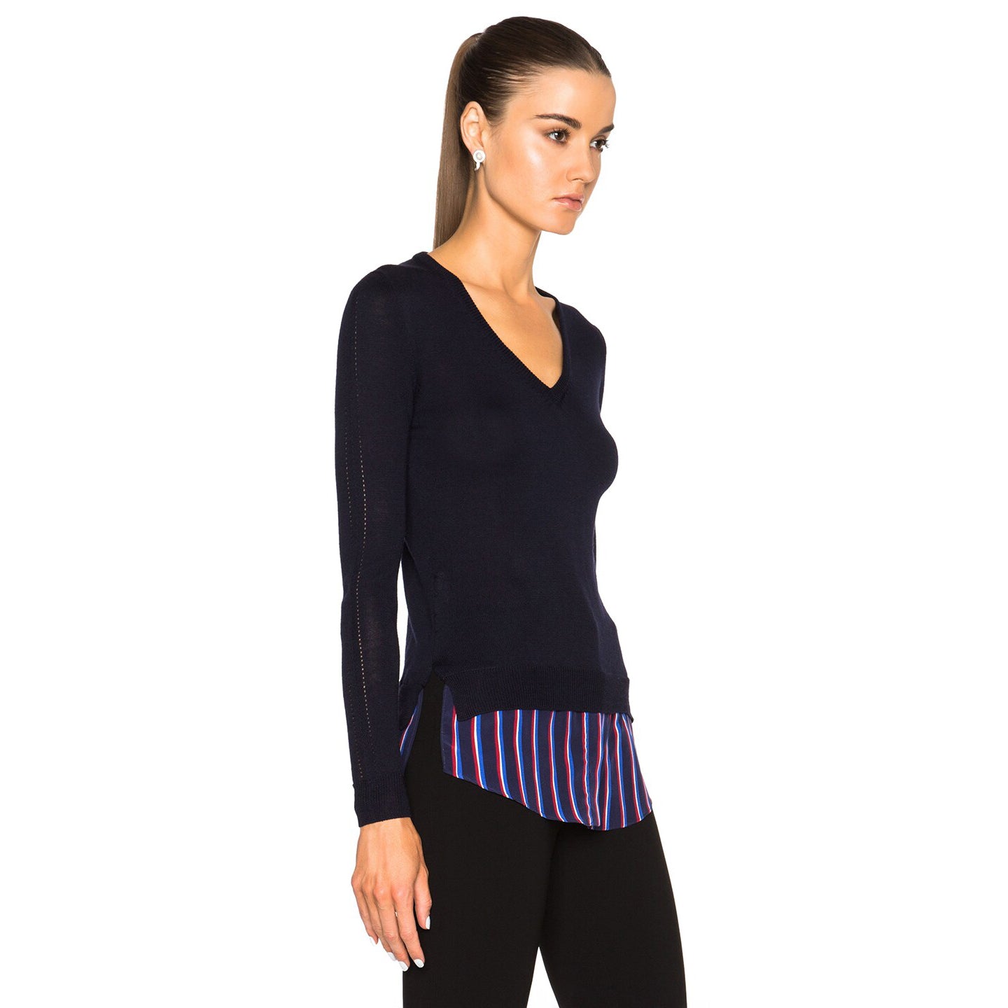 Altazurra navy v-neck sweater with silk trim, size XS.