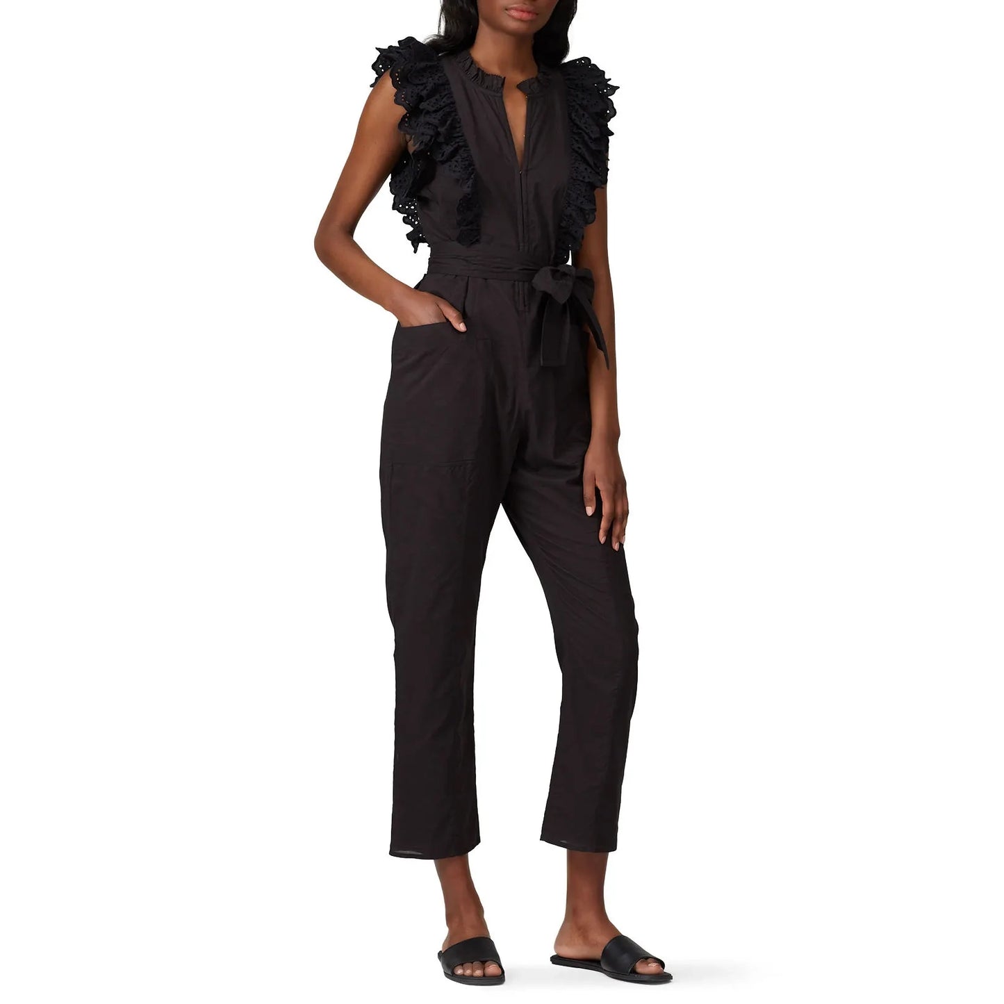 Apiece Apart "Limon" Ruffle Trimmed Jumpsuit in Black, size 6