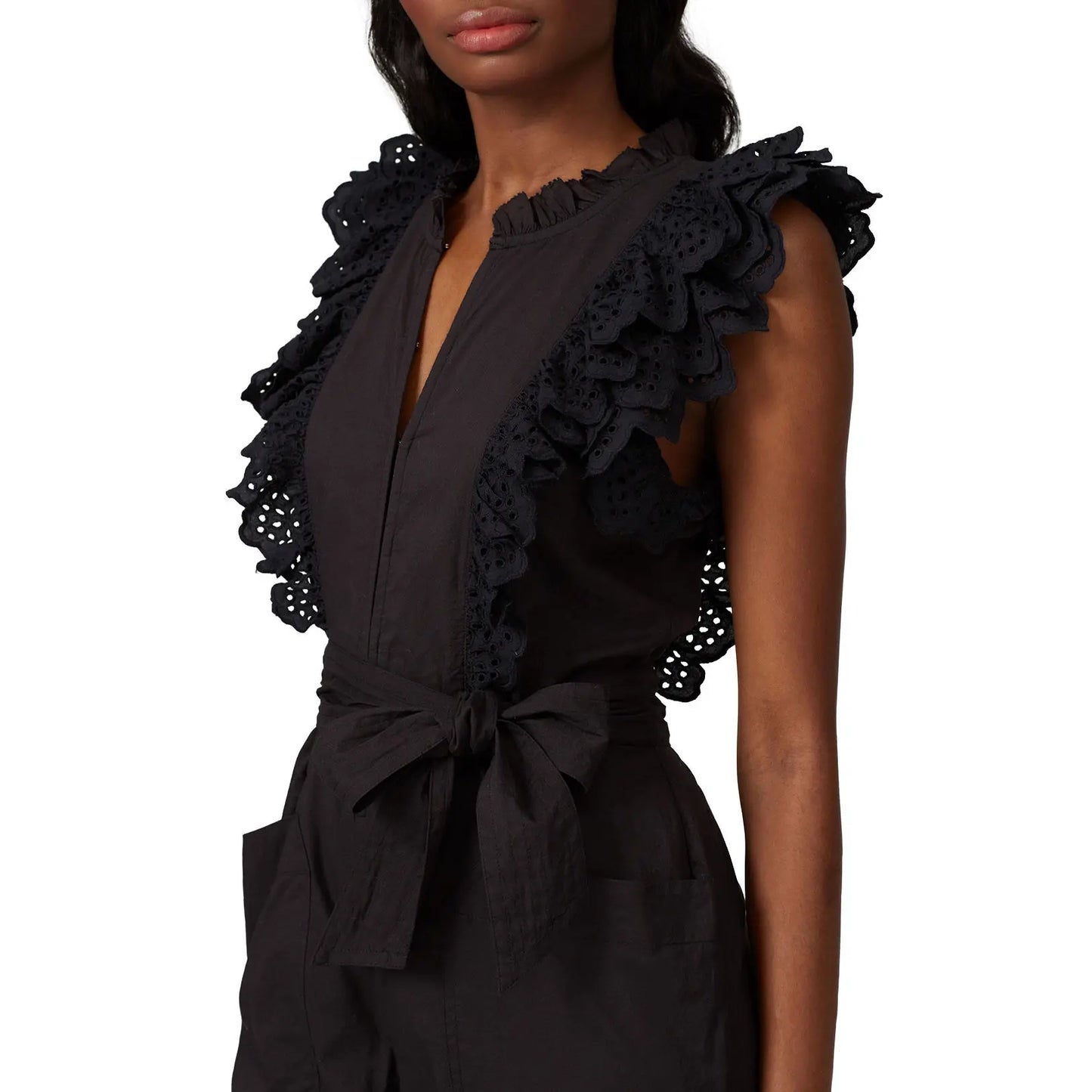 Apiece Apart "Limon" Ruffle Trimmed Jumpsuit in Black, size 6