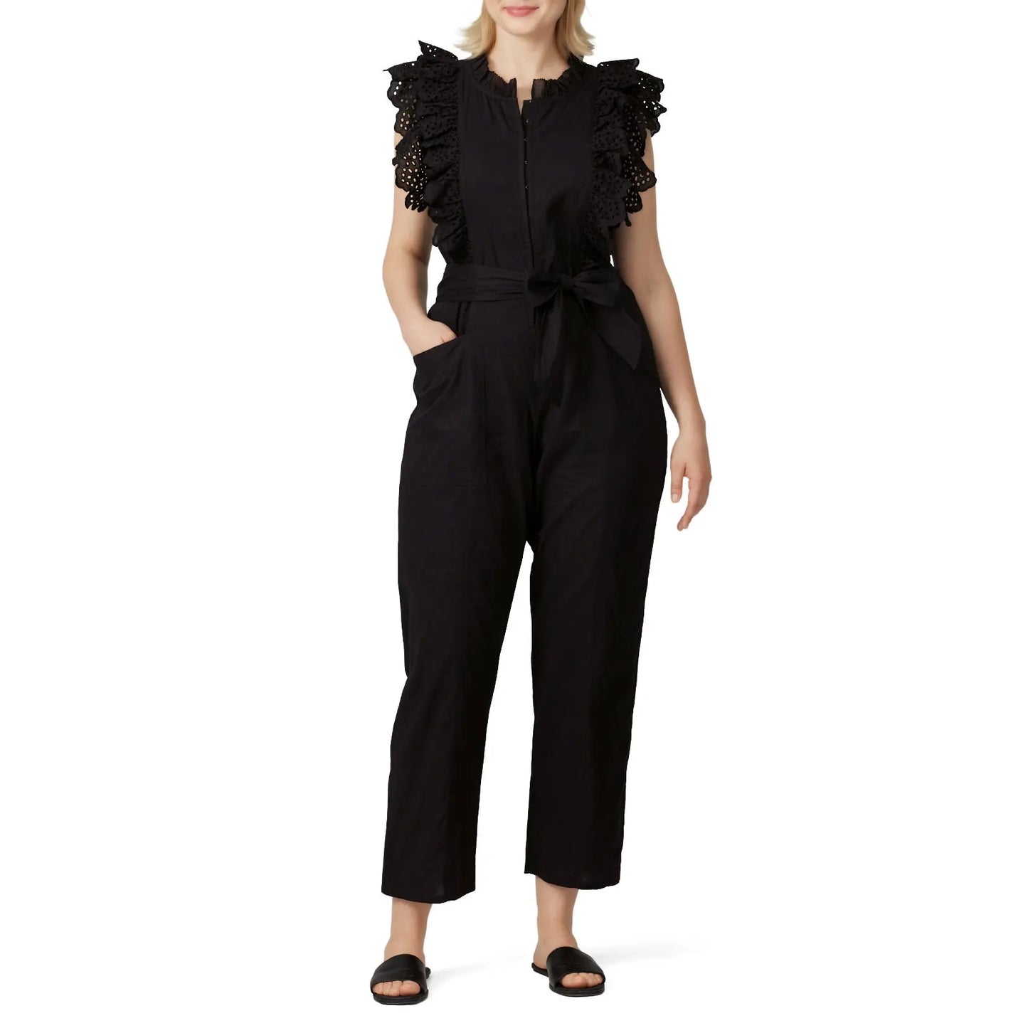 Apiece Apart "Limon" Ruffle Trimmed Jumpsuit in Black, size 6