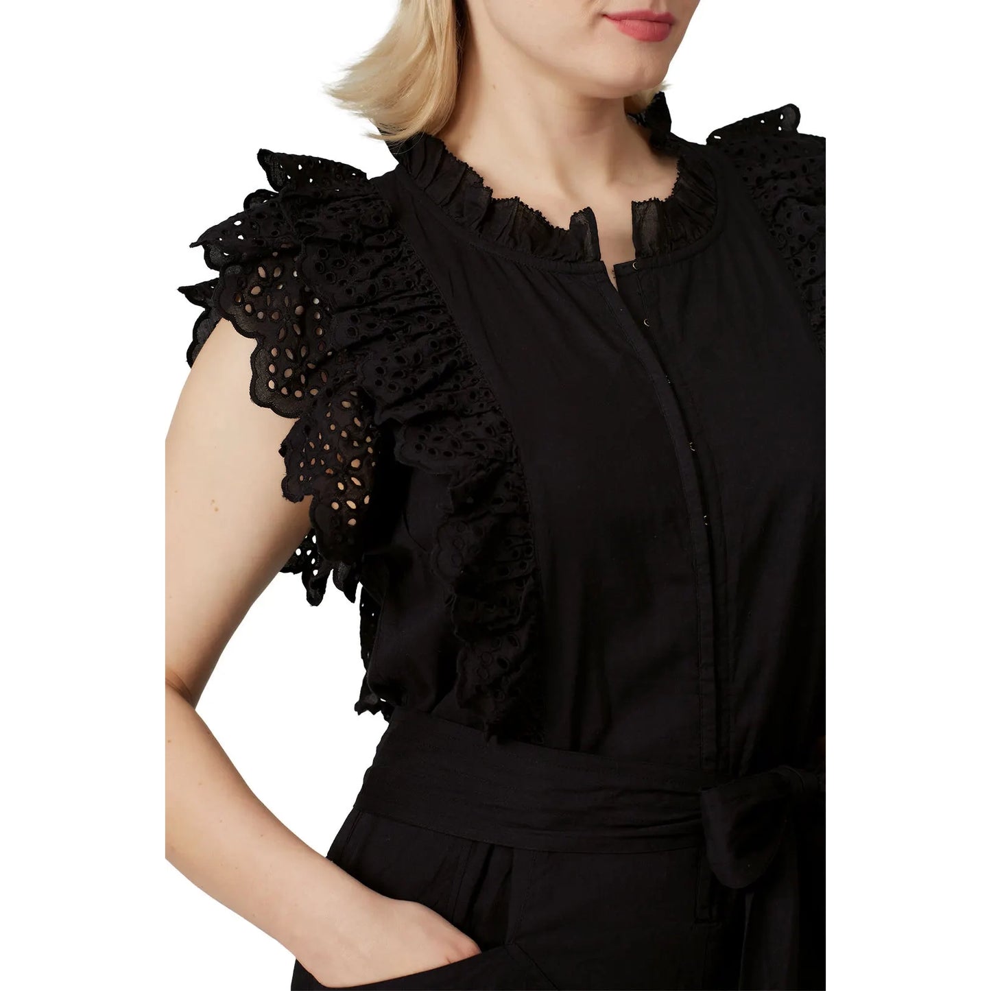 Apiece Apart "Limon" Ruffle Trimmed Jumpsuit in Black, size 6