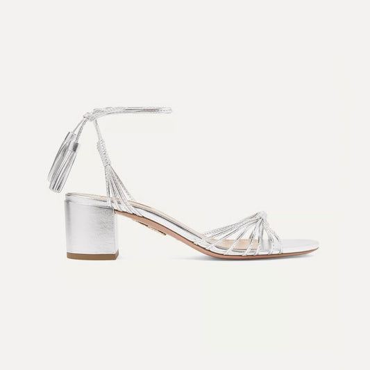 AQUAZZURA "Mescal" 50 Metallic Leather Sandals, size 38.5