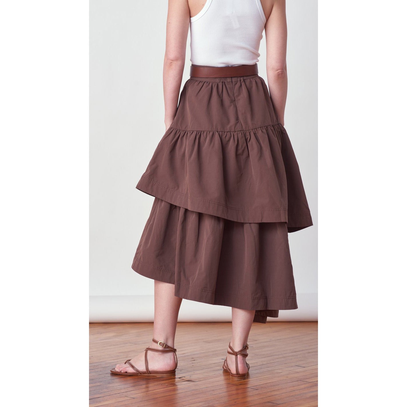 AJE Tiered Midi Skirt in Brown, size 8US/12UK