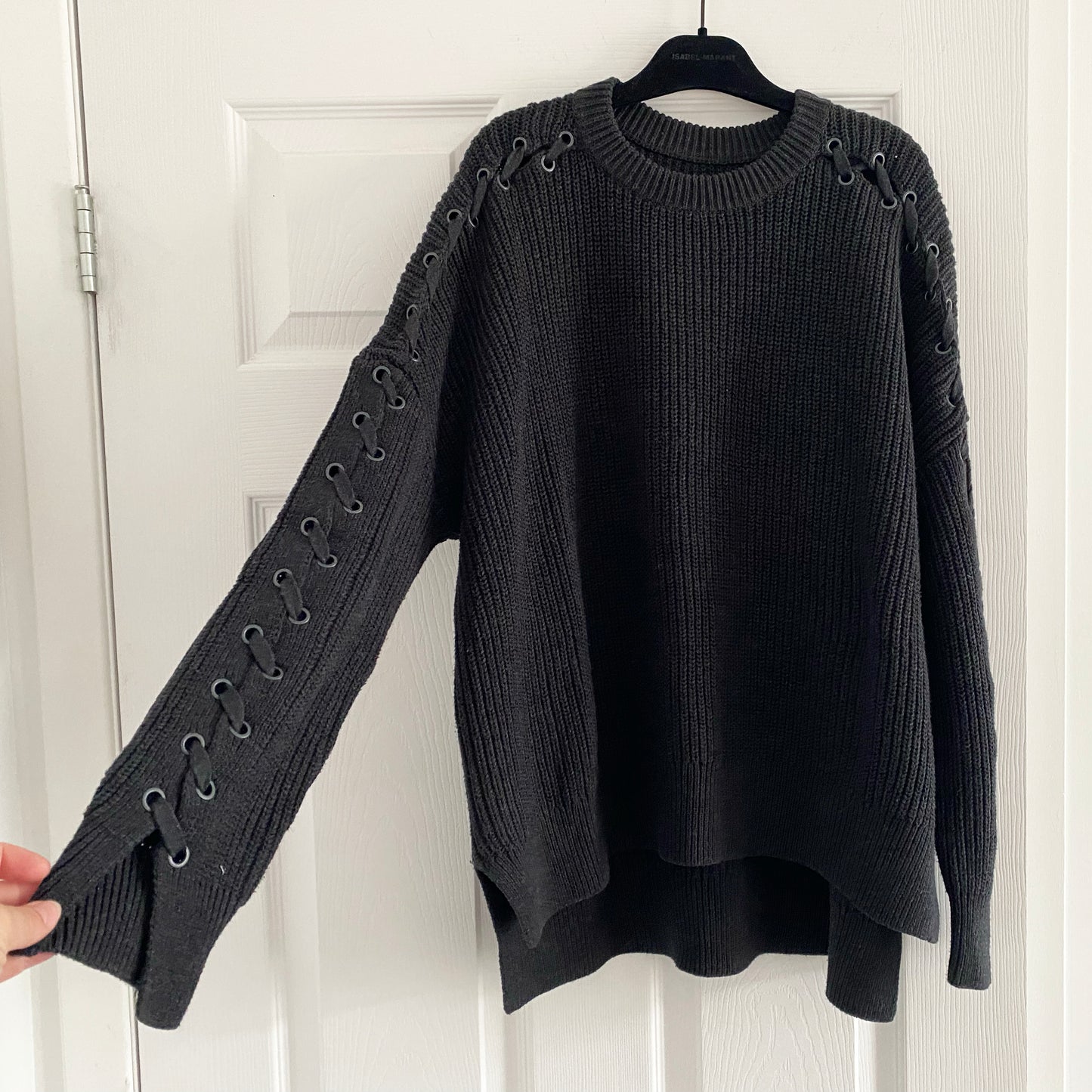 All Saints "Aria" Laced Cotton Sweater in Faded Black, size Medium (fits like M/L)