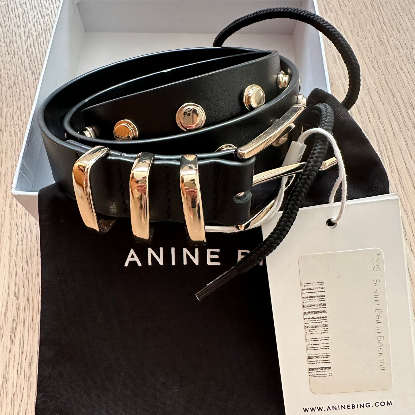 Anine Bing "Sienna" Studded Leather Belt in Black, size M/L