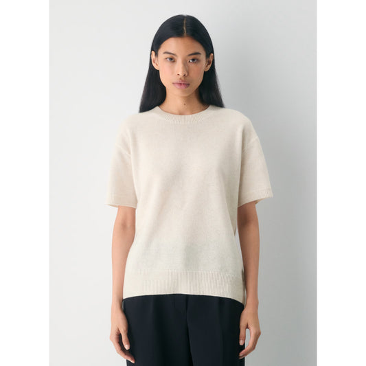 Aritzia Feather Cashmere Relaxed Short sleeve Sweater in heather light oatmeal, size XS (fits XS/S)