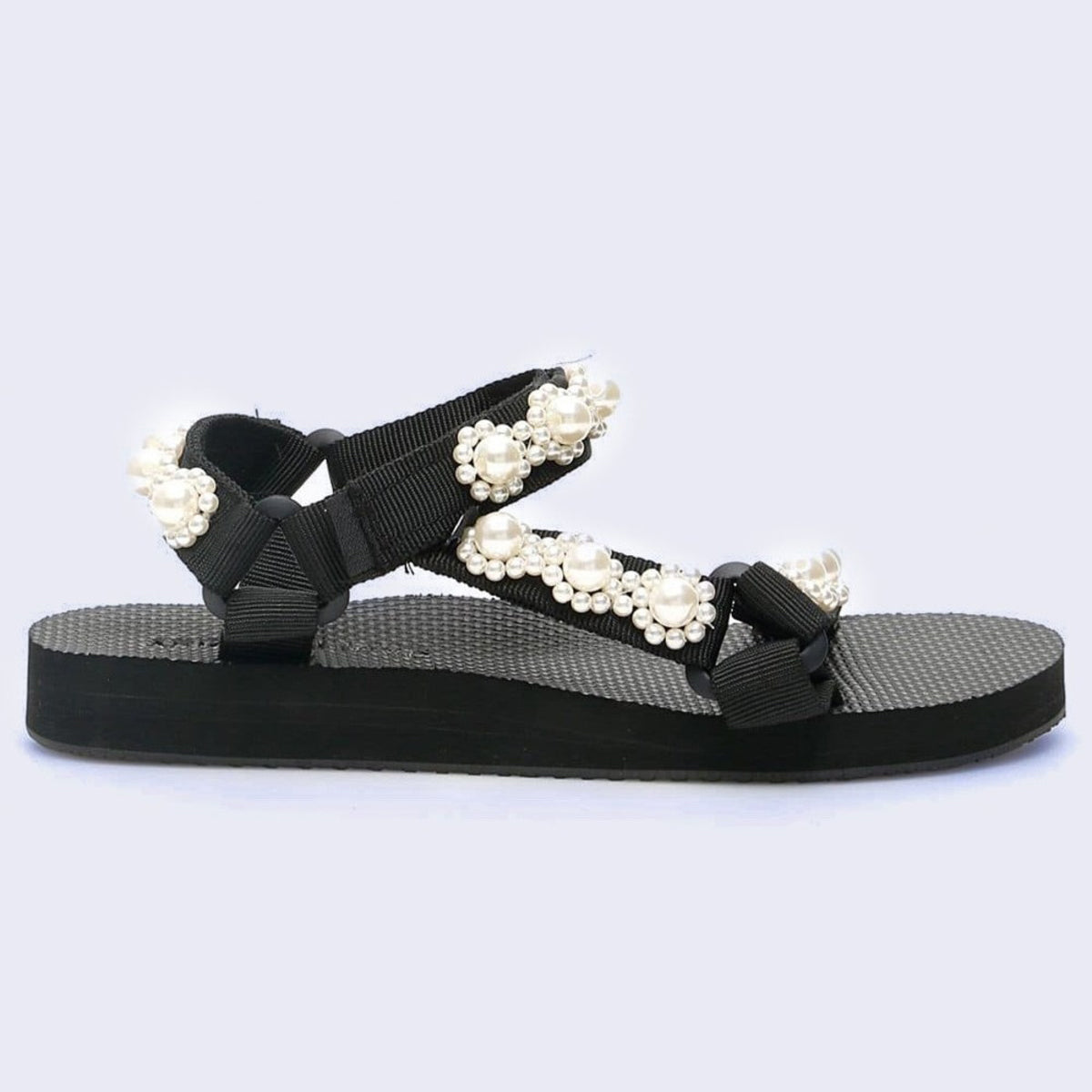 Arizona Love "Trekky" pearl-embellished sandals in Black, size 38 (fits size 7)