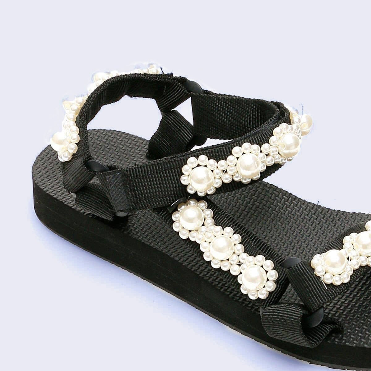 Arizona Love "Trekky" pearl-embellished sandals in Black, size 38 (fits size 7)