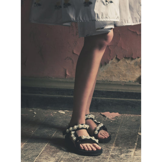 Arizona Love "Trekky" pearl-embellished sandals in Black, size 38 (fits size 7)