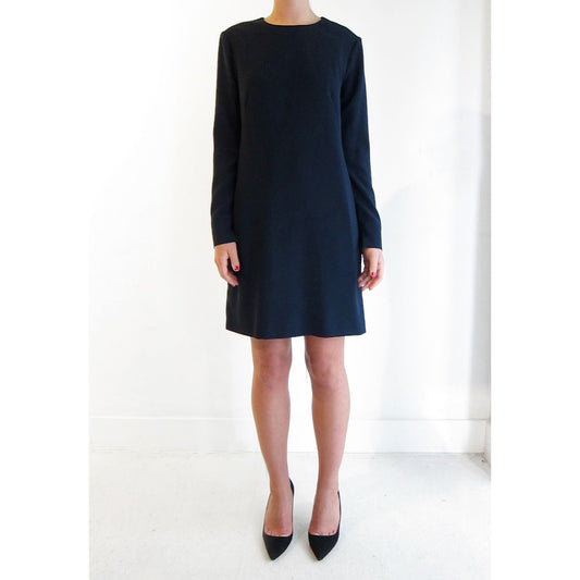 Atea Oceanie Navy Silk Crepe Long Sleeve Dress, size 42 (fits 8/10)
