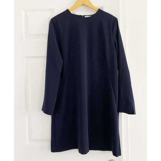 Atea Oceanie Navy Silk Crepe Long Sleeve Dress, size 42 (fits 8/10)