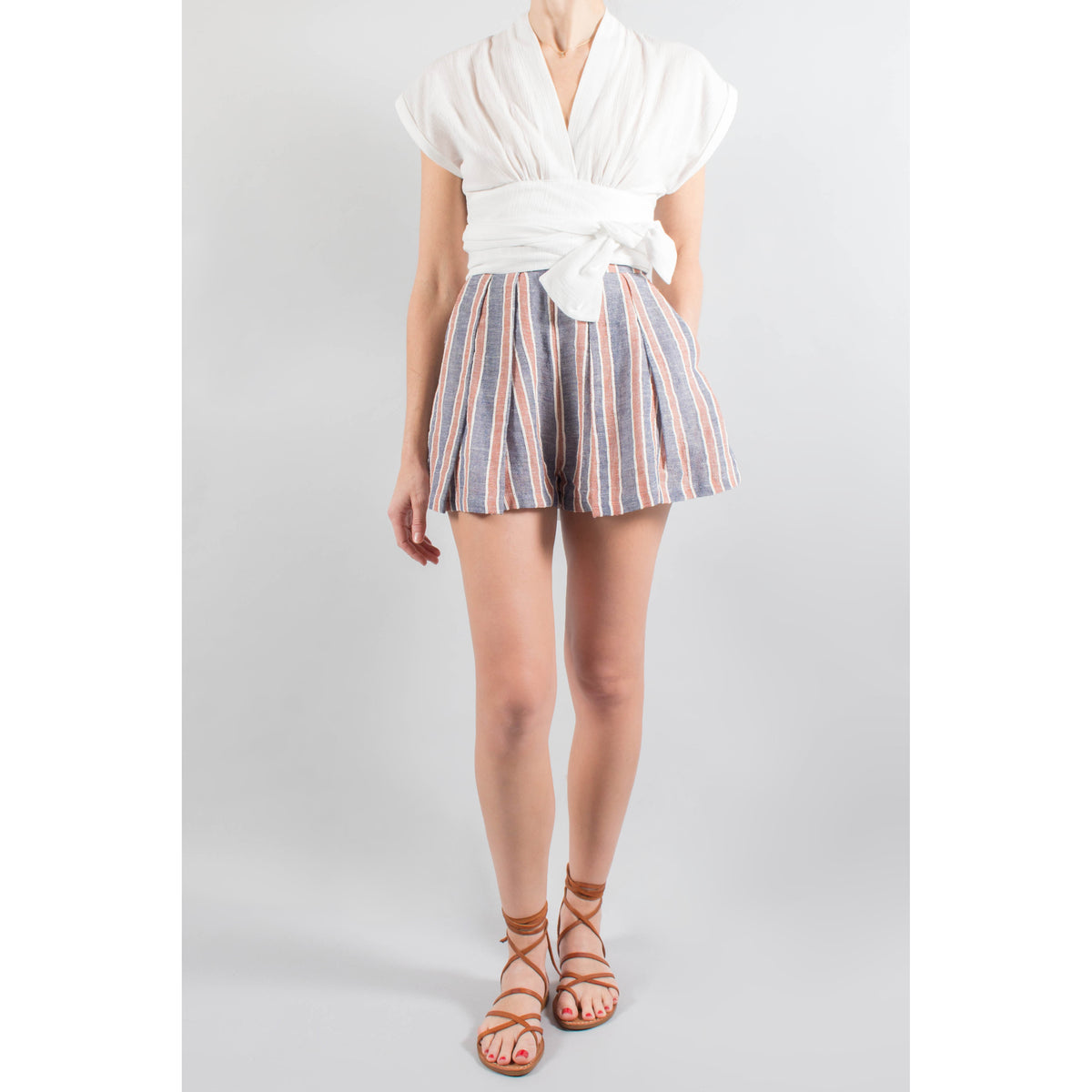 THREE GRACES LONDON "Kilman" Striped Linen-blend Shorts, size 8UK/4US (fits like US size 0)