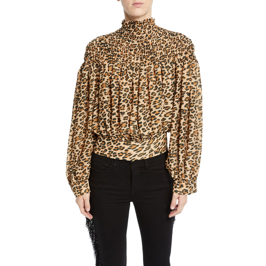 Blouse à imprimé guépard à col smocké, taille Small