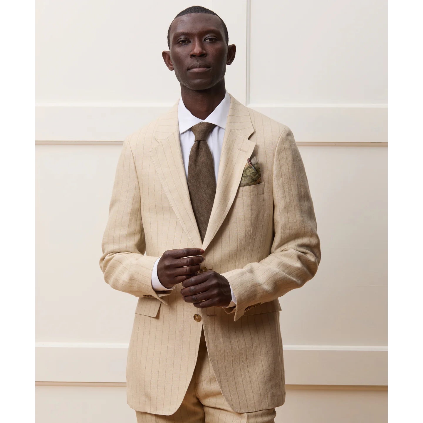 Todd Snyder "Sutton" Italian Linen-Silk Jacket in Tan Pinstripe, size 42R