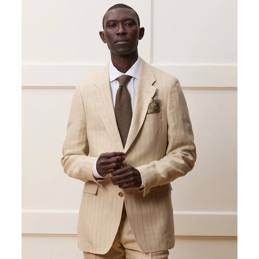 Todd Snyder "Sutton" Italian Linen-Silk Jacket in Tan Pinstripe, size 42R